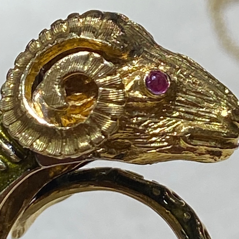 Ilias Lalaounis Gold, White Gold, Diamond and Ruby Ram's Head Ring
